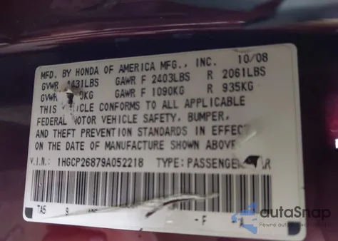 2009 Honda Accord 2.4 Ex-L from USA, damaged, VIN 1HGCP26879A052218